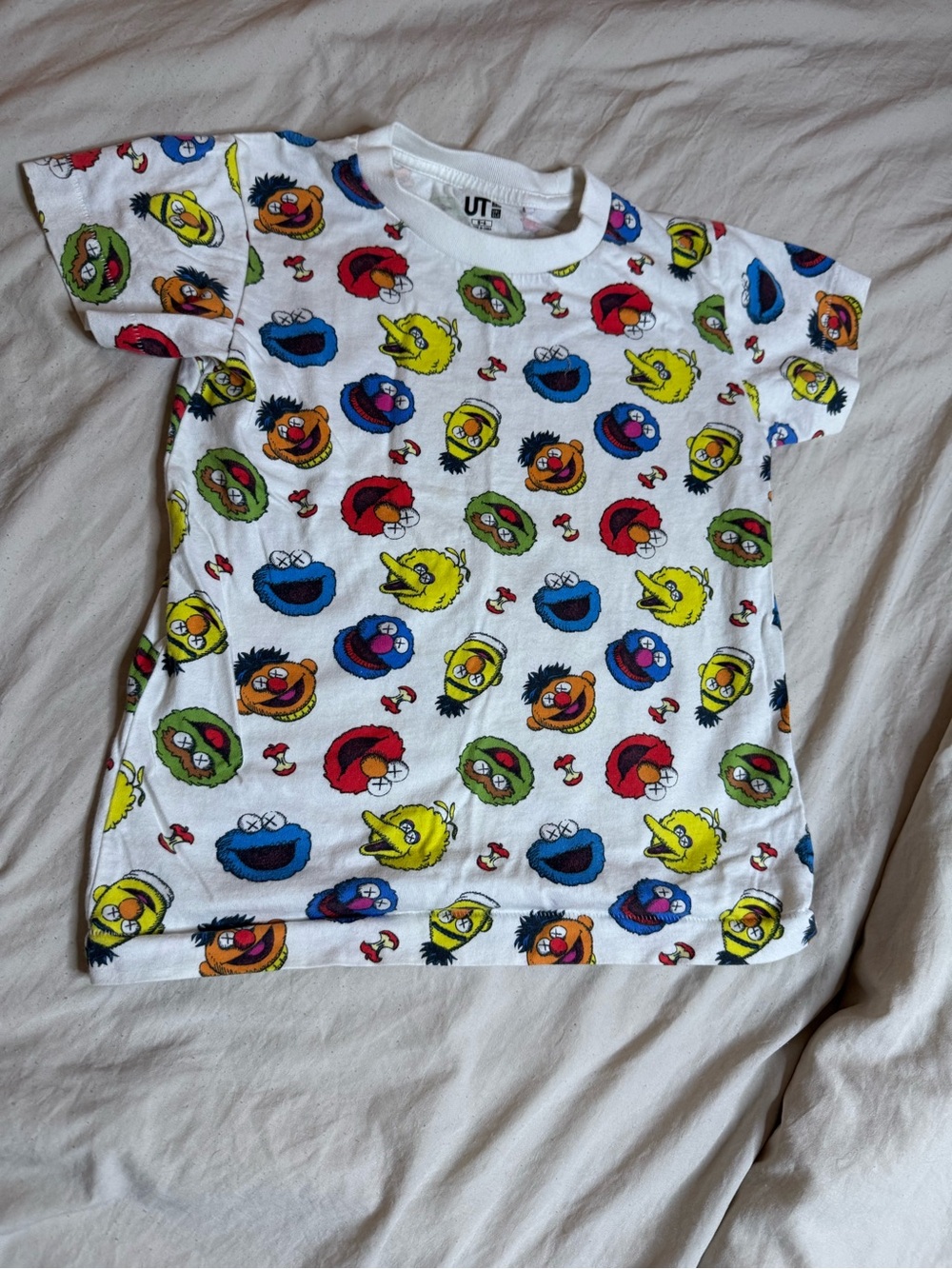 Uniqlo White Kids Sesame Street All-Over Character Tee with Multicolor Faces